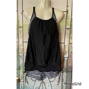 NWT Holy Pick Trendy Black White Plus Two Piece Swimsuit Swim Set Plus 2x Stripe